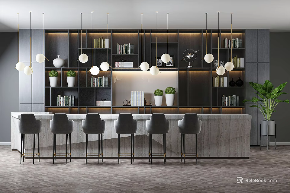 Modern Bar Counter With Gray Surface Black Bar Stools Hanging Lights And Potted Plants 3d model 