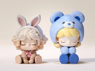 Cute Bunny Bear Ear Girl Decorative Figurine Set With Closed Eyes 3d model