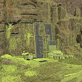 Rocky Cave Interior With Metal Door Plants Wooden Crates And Dirt Ground