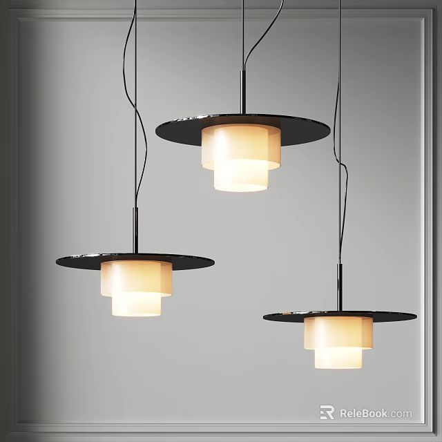 Three Modern Pendant Lights With Black Circular Shades And White Diffusers 3d model