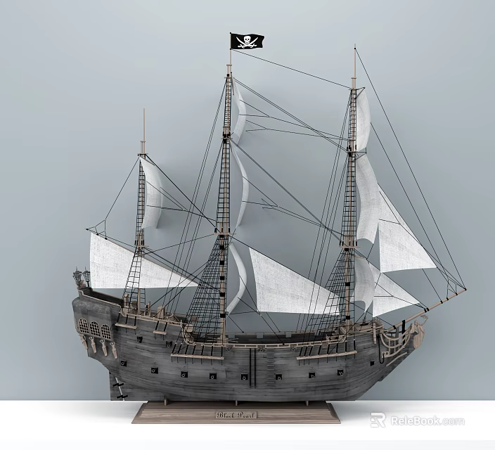 Pirate Ship Doll Model With Wooden Hull White Sails And Black Flag 3d model 