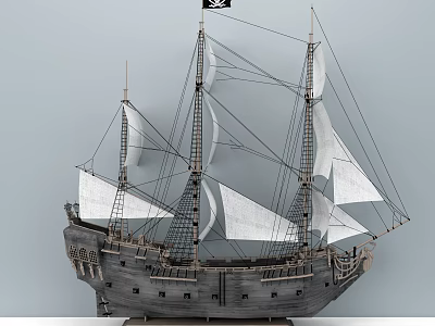 Pirate Ship Doll Model With Wooden Hull White Sails And Black Flag 3d model
