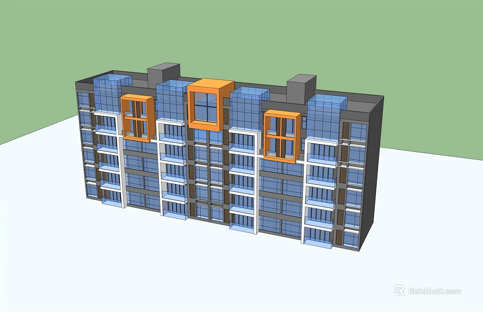 Modern Multi Story Apartment Building With Blue Orange Windows And Glass Facade 3d model 