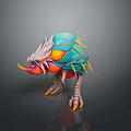 Game Movie Character Fantasy Monster With Blue Orange Yellow Spiked Horns Sharp Teeth Clawed Feet