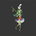 Game Anime Character With Blue Hair Feathered Hat And Magic Staff In Colorful Dress