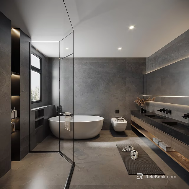 Minimalist Bathroom Interior With Gray Walls Glass Shower Free Standing Bathtub And Wall Mounted Toilet 3d model 
