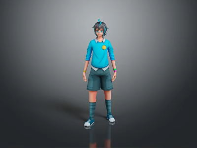Anime Style Character With Blue Hair Blue Shirt Yellow Badge Shorts Long Socks And Sneakers 3d model