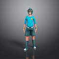 Anime Style Character With Blue Hair Blue Shirt Yellow Badge Shorts Long Socks And Sneakers
