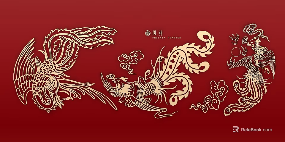 Traditional Golden Phoenix And Auspicious Cloud Carving On Red Background 3d model 