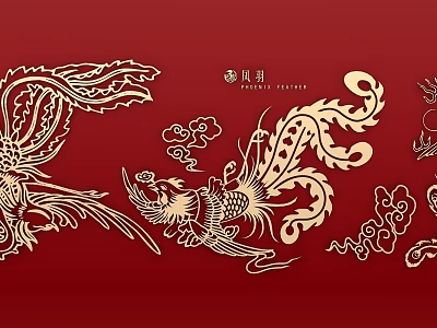 Traditional Golden Phoenix And Auspicious Cloud Carving On Red Background 3d model