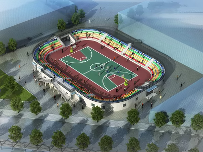Large Outdoor Basketball Stadium With Colorful Stands Green Court And Surrounding Trees 3d model