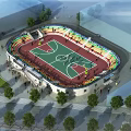 Large Outdoor Basketball Stadium With Colorful Stands Green Court And Surrounding Trees
