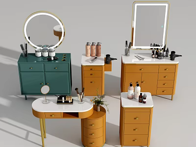 Modern Dressing Tables In Green Orange White With Round Rectangular Mirrors Drawers And Makeup Items 3d model