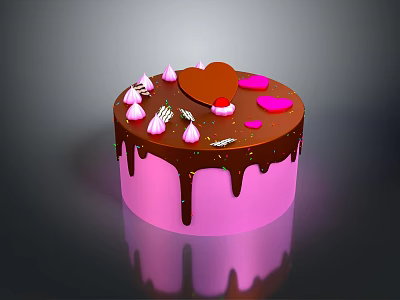 Delicious Pink Cake With Chocolate Drizzle Heart Decoration Pink Meringues And Silver Sprinkles 3d model