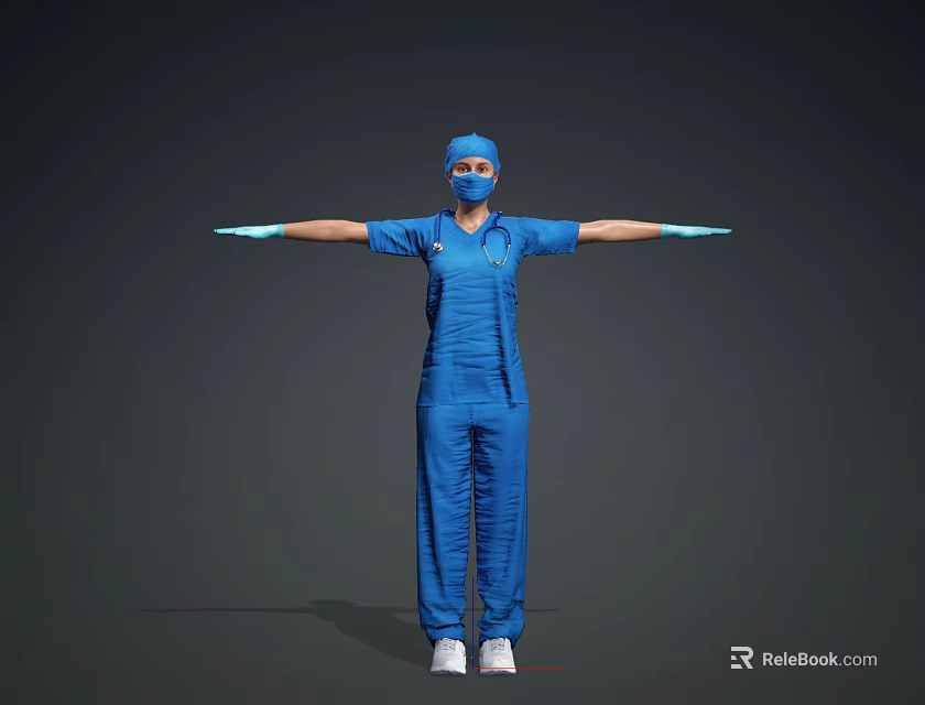 Woman In Blue Surgical Scrubs With Blue Cap Mask And Outstretched Arms 3d model 