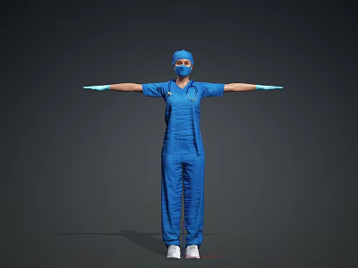 Woman In Blue Surgical Scrubs With Blue Cap Mask And Outstretched Arms 3d model