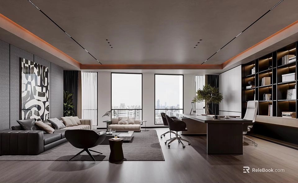 Modern Luxury Executive Office With Spacious Lounge Area And Large City View Windows 3d model 