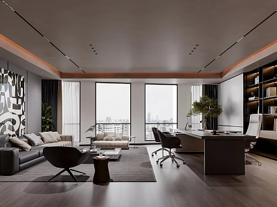 Modern Luxury Executive Office With Spacious Lounge Area And Large City View Windows 3d model