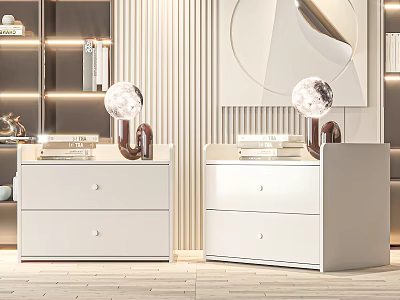 Two White Modern Bedside Tables With Drawers Lamp And Books In Bedroom 3d model