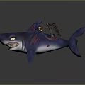 Cartoon Character Riding Blue Shark With Red Stripes And White Eyes