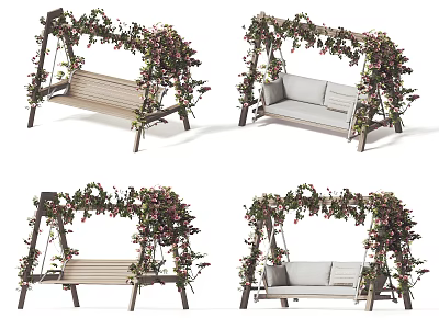 Elegant Outdoor Wooden Swing Chair With Vine Pink Flower Decorations And Cushioned Slatted Seats 3d model