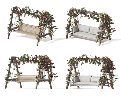 Elegant Outdoor Wooden Swing Chair With Vine Pink Flower Decorations And Cushioned Slatted Seats 3d model