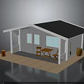 Small Cozy Cabin With Black Roof Blue Windows Porch And Wooden Table Chairs