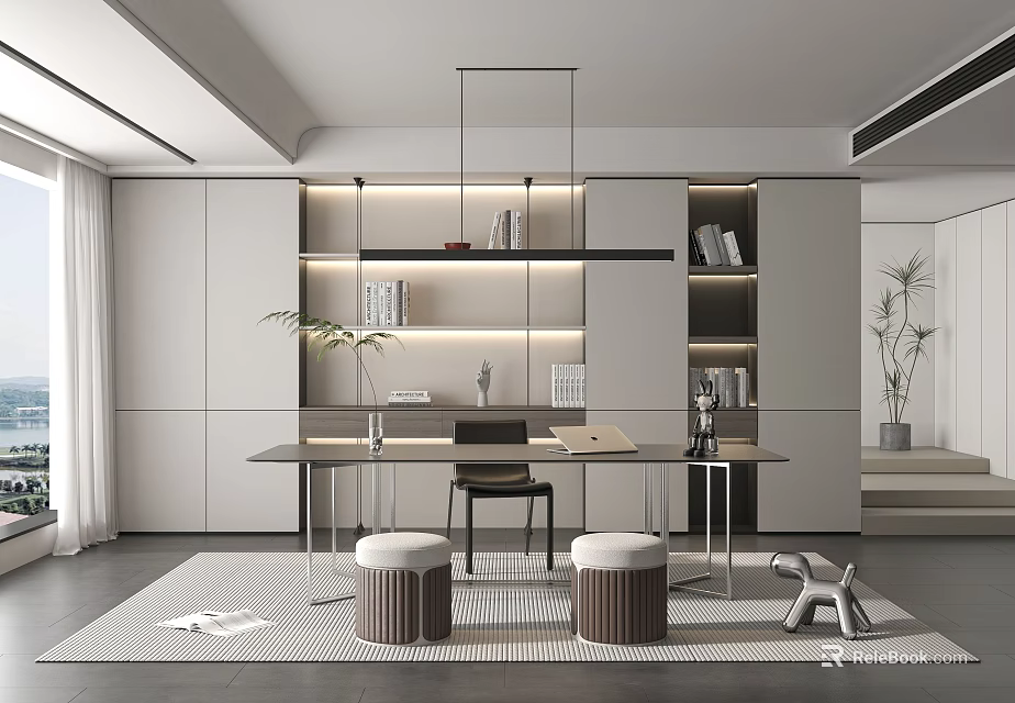 Modern Study Room Interior Design With Bookshelves Desk Chair Ottomans Plants And Lighting 3d model 