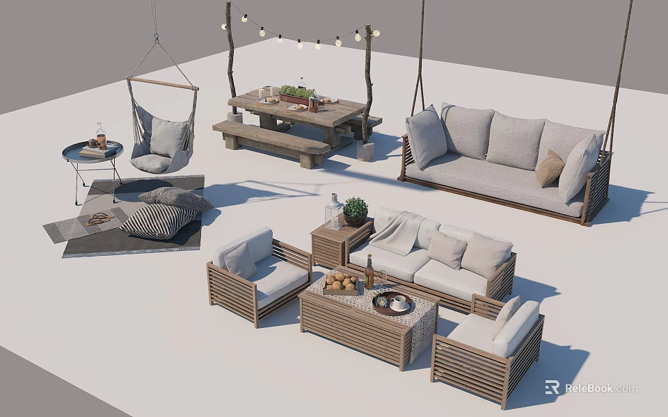 Outdoor Sofa Set With Wooden Frame Comfortable Pillows Coffee Table And Hanging Chair 3d model 
