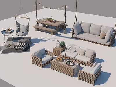 Outdoor Sofa Set With Wooden Frame Comfortable Pillows Coffee Table And Hanging Chair 3d model