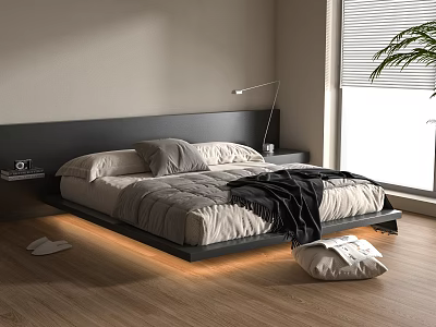 Modern Double Bed Interior With Black Headboard Gray Bedding Wooden Floor And Blinds 3d model