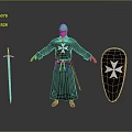 Standing Medieval Knight Character With Sword Shield And White Cross Emblem 3d model