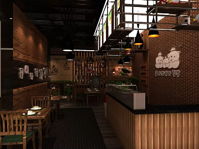 Modern Restaurant Interior with Wooden Brick Walls Dining Tables and Pendant Lights 3d model