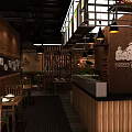 Modern Restaurant Interior with Wooden Brick Walls Dining Tables and Pendant Lights
