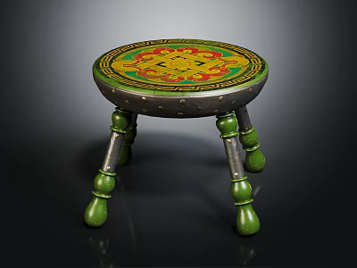 Decorative Ornamental Stool With Round Colorful Pattern Seat And Green Spherical Legs 3d model