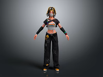 Stylish 3D Character With Colorful Braids Mask Wristbands Star Pattern Cargo Pants And Sneakers 3d model