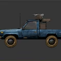 Blue Pickup Truck With Yellow Graphic And Roof Mounted Storage Equipment