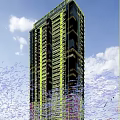 Modern High Rise Residential Building With Glass Windows And Balconies Against Clear Blue Sky