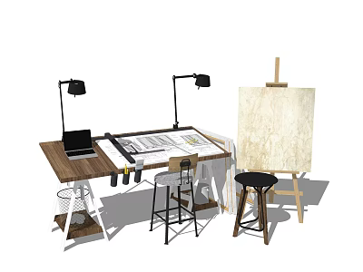 Creative Work Desk Setup With Laptop Blueprints Desk Lamps Chairs And Easel Canvas 3d model