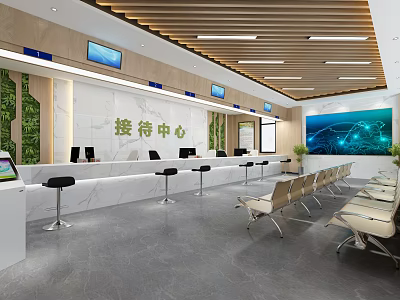 Spacious Modern Service Hall Interior With Reception Counter Screens Green Plants And Seating Chairs 3d model