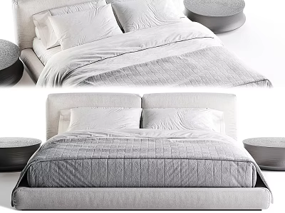 Modern Upholstered Double Bed With Headboard Light Gray Bedding And Round Ottomans 3d model