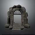 Medieval Stone Archway Structure With Rough Stone Framing Grille And Steps