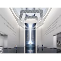 Modern Spacious Exhibition Hall With Domed Grid Ceiling Vertical Light Strip And Wall Inscriptions