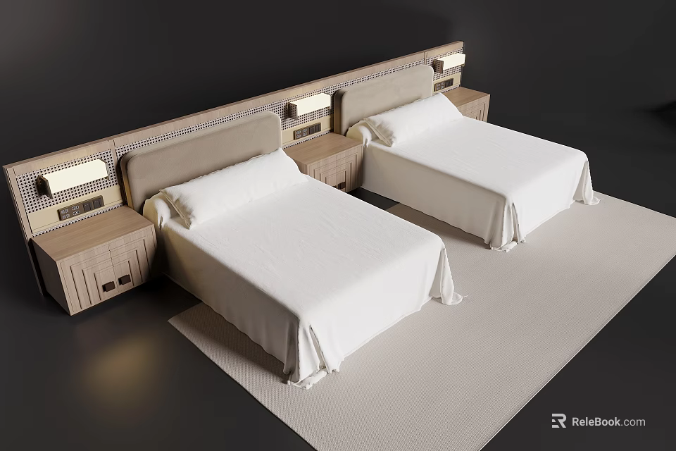 Modern Minimalist Hotel Guest Room With Two Twin Beds And Exquisite Matching Wooden Nightstands 3d model 