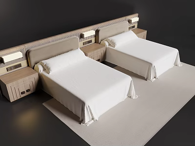 Modern Minimalist Hotel Guest Room With Two Twin Beds And Exquisite Matching Wooden Nightstands 3d model