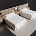 Modern Minimalist Hotel Guest Room With Two Twin Beds And Exquisite Matching Wooden Nightstands