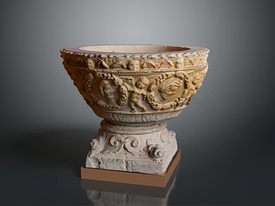 Antique Carved Stone Urn With Elaborate Relief Sculptures And Square Base 3d model
