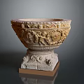 Antique Carved Stone Urn With Elaborate Relief Sculptures And Square Base