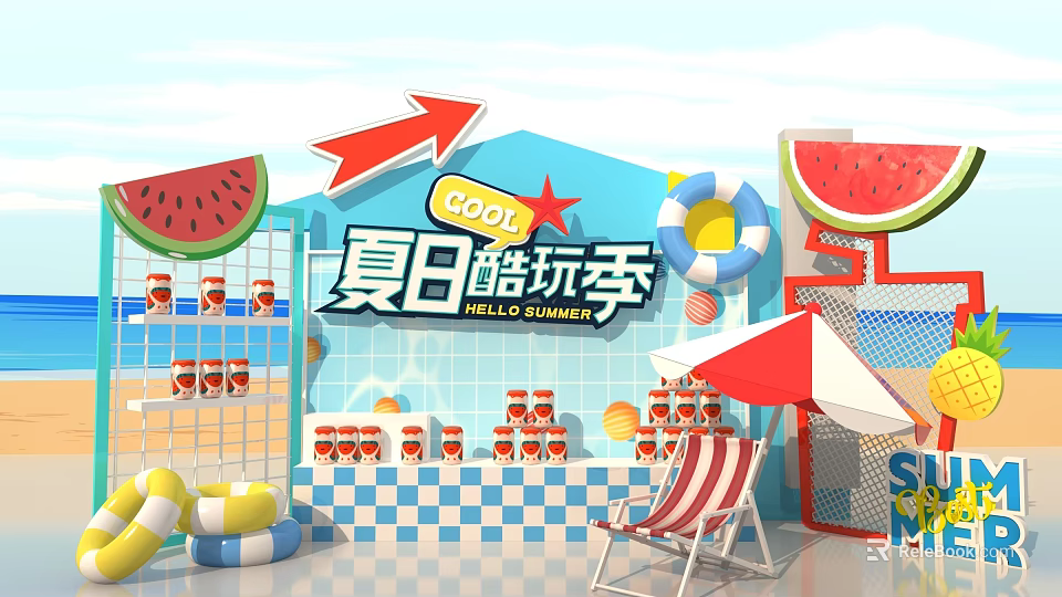 Hello Summer Cool Play Season With Watermelon Lifebuoy Beach Chair And Umbrella 3d model 