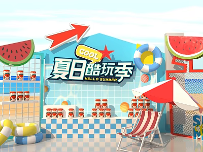 Hello Summer Cool Play Season With Watermelon Lifebuoy Beach Chair And Umbrella 3d model